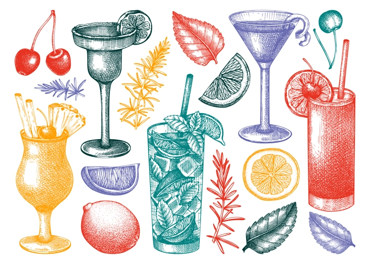 Alcoholic cocktails set. Glass of margarita, mojito, Pina colada, cosmopolitan, tequila sunrise. Hand-sketched cocktails engraved drawings in color. Vector drinks illustration